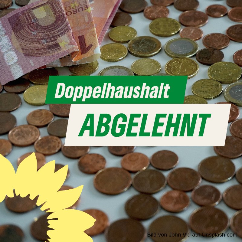 Münzen und Euro-Scheine liegen auf einem Tisch mit dem Text "Doppelhaushalt abgelehnt" und eine gelbe Sonnenblume in der unteren linken Ecke